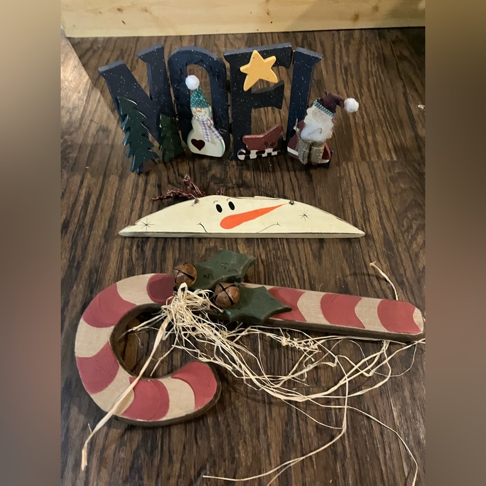 3 Christmas Wooden decor items. Candy cane, snowman & NOEL. All great condition